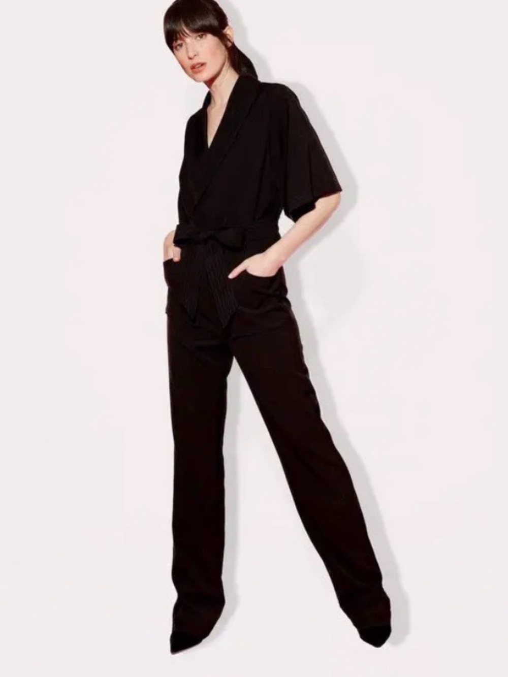 NWT $475 Misha Nonoo Mae Jumpsuit Size 4 Black Tailored Wide Leg 35" Tall Inseam
